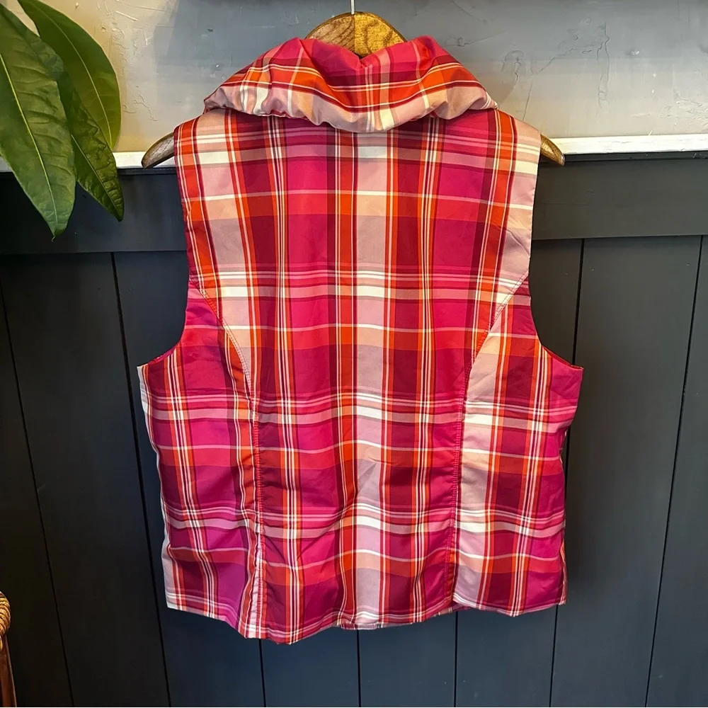 CJ Banks Womens Plus Size 1X Plaid Snap Up‎ Ruffle Collar Pocket Vest Pink EUC